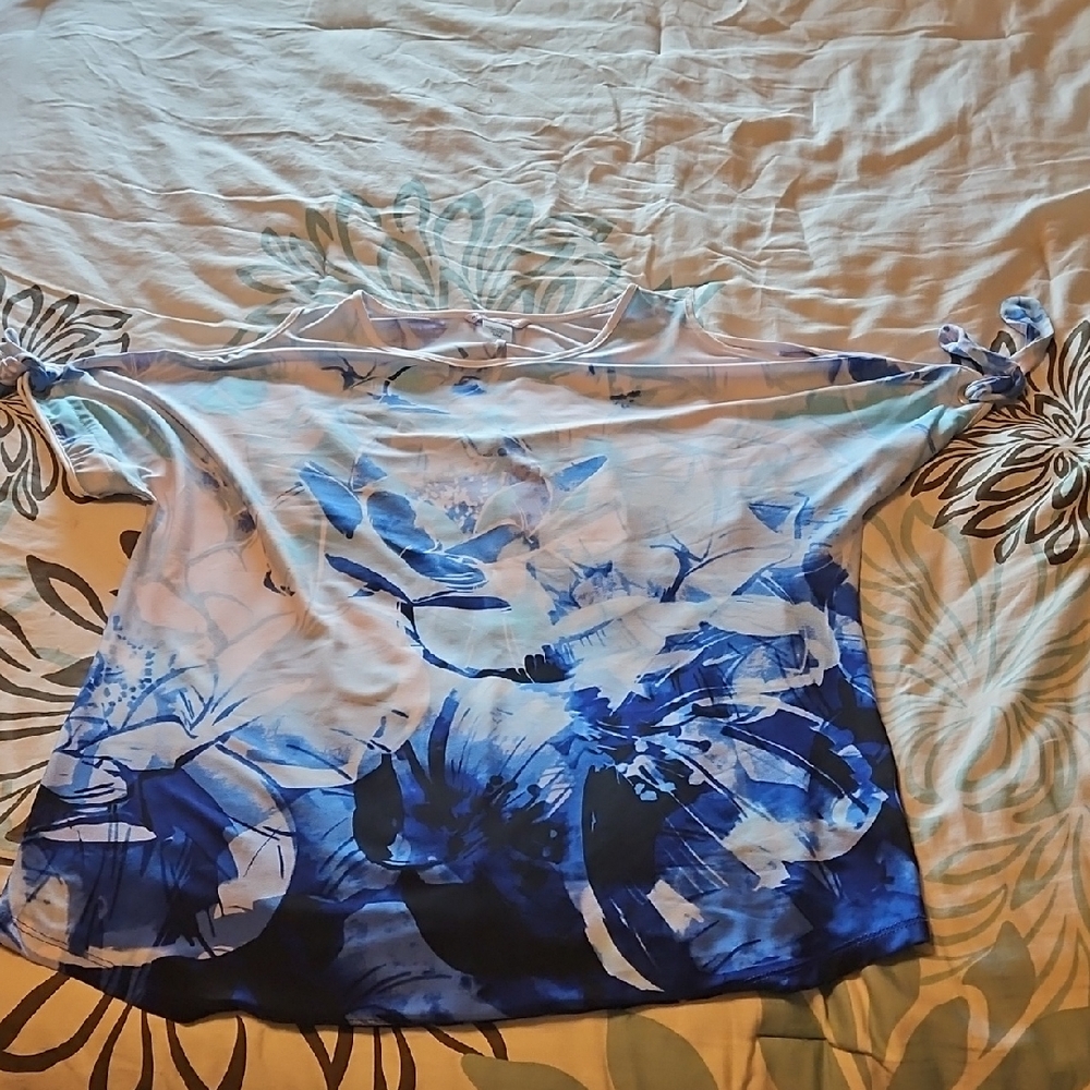 Allison Daley Blue and White Floral  Cold Shoulder Blouse